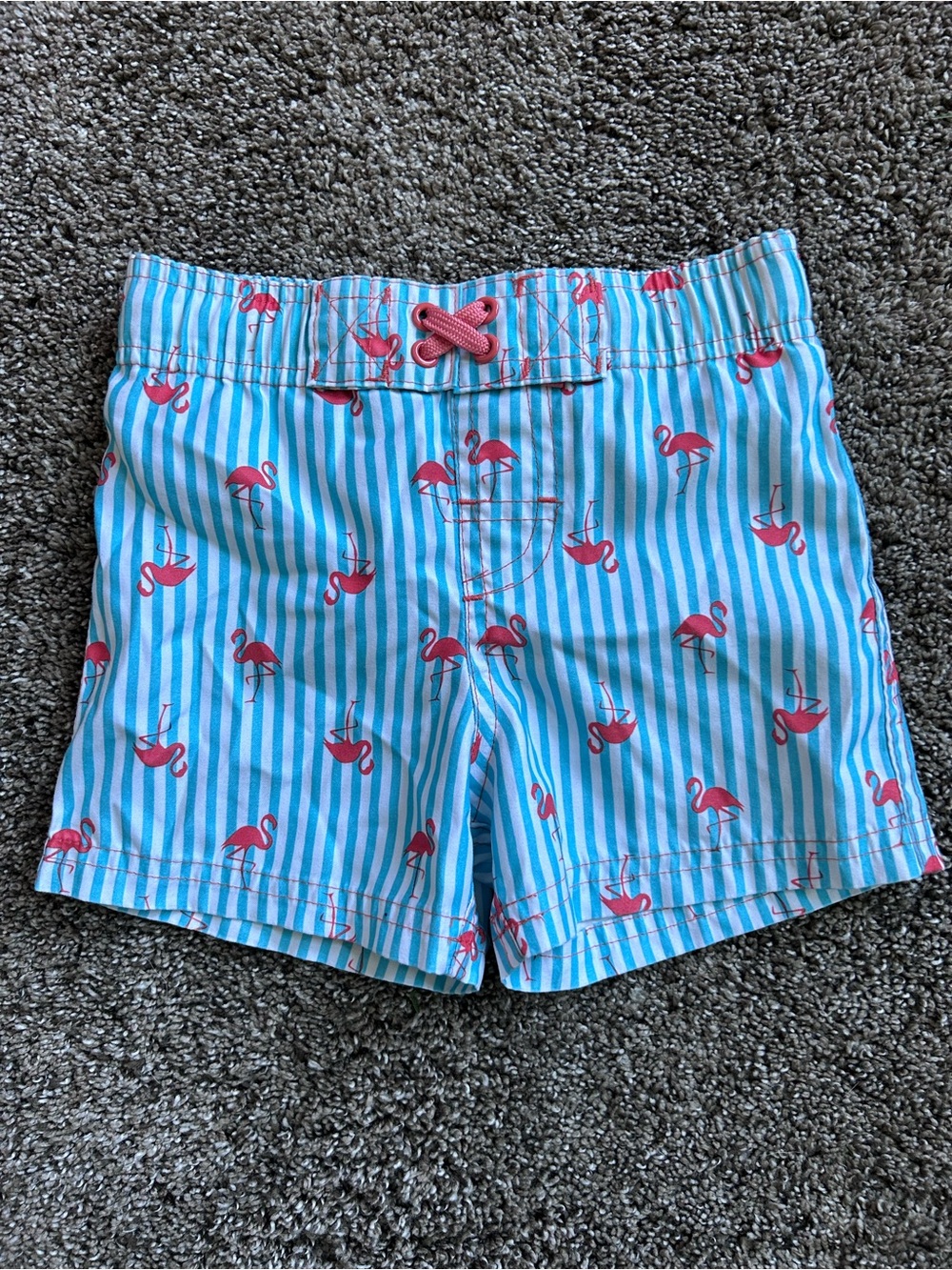 Blue White Striped Swim Trunks with Coral Flamingos Size 12mo